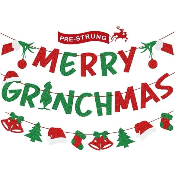 New Christmas Decorations – Glittery Merry Grinchmas Banner, Christmas Garland f - Picture 1 of 5